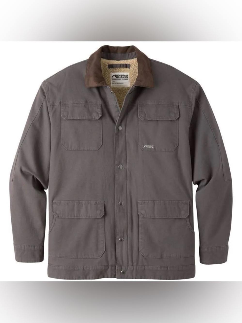 Mountain Khakis Men’s Gray Canvas Sherpa-Lined Field Jacket with Brown Collar